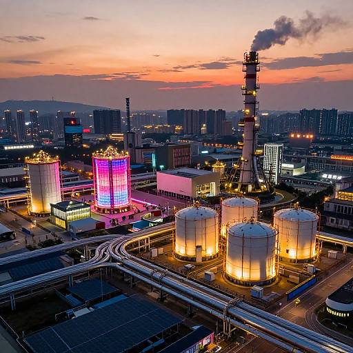 Aerial photograph of an industrial cityscape at sunset, featuring illuminated towers, smokestacks, neon lights, and a vibrant sky.