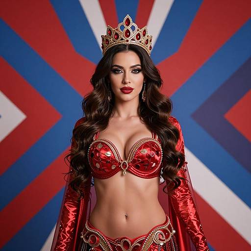 Photograph of a fair-skinned woman with long, wavy black hair, wearing a red, gem-encrusted bra, matching cape,