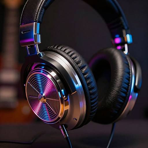 Photograph of a sleek, metallic, over-ear headphone with black leather ear cushions, illuminated with vibrant blue and pink lights, against a dark background