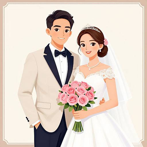 Digital illustration of a smiling Asian couple on their wedding day, groom in white tuxedo, black bow tie, bride in white dress, tiara