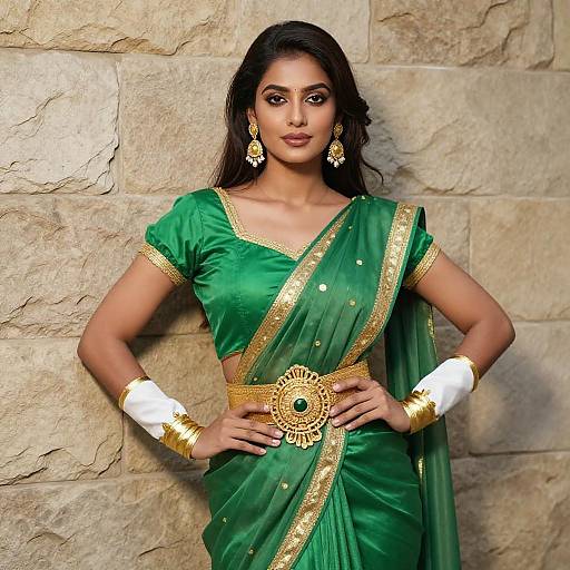 Elegant Woman in Green and Gold Costume