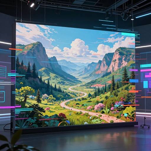 Digital art: Vibrant mountain landscape with winding river, colorful flowers, and towering cliffs displayed in a modern, dark-walled exhibition space.