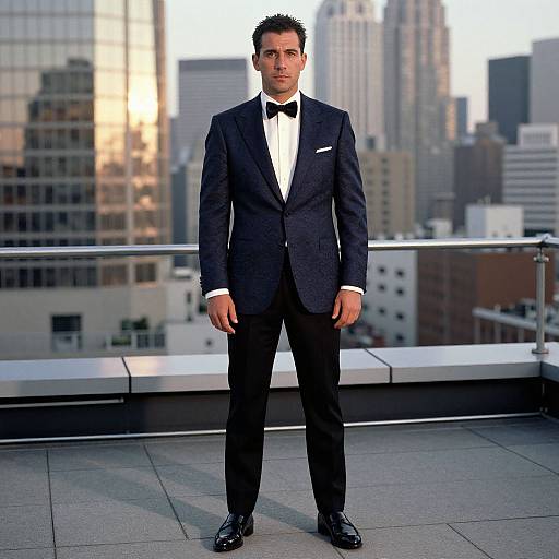 Photograph of a handsome man in a black tuxedo with a white shirt and black bow tie, standing on a rooftop with a city skyline background