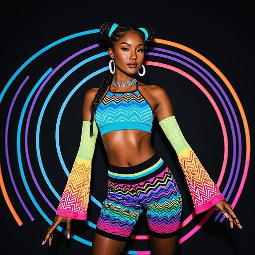 Woman in Neon Rainbow Psychedelic Rave Outfit