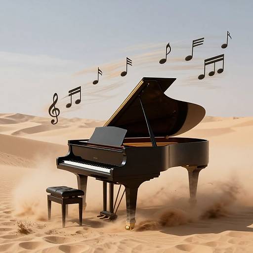 Photograph-style digital image of a black grand piano with its lid open, standing in a sandy desert, surrounded by floating musical notes.
