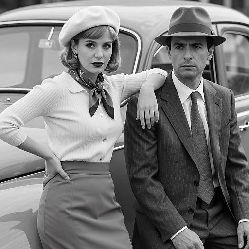 Vintage Black and White Couple by Classic Car