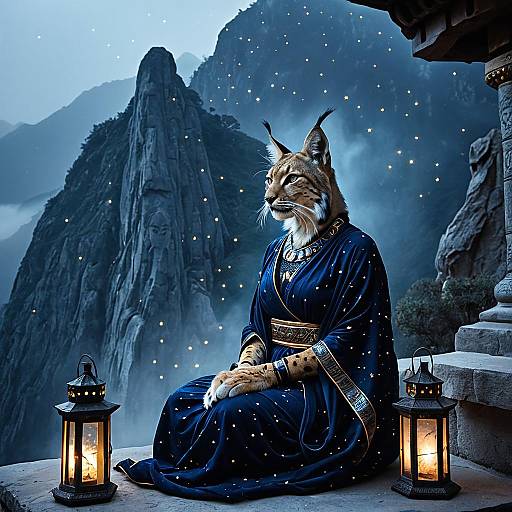 Lynx-headed Goddess in Starry Robes at Mountain Temple