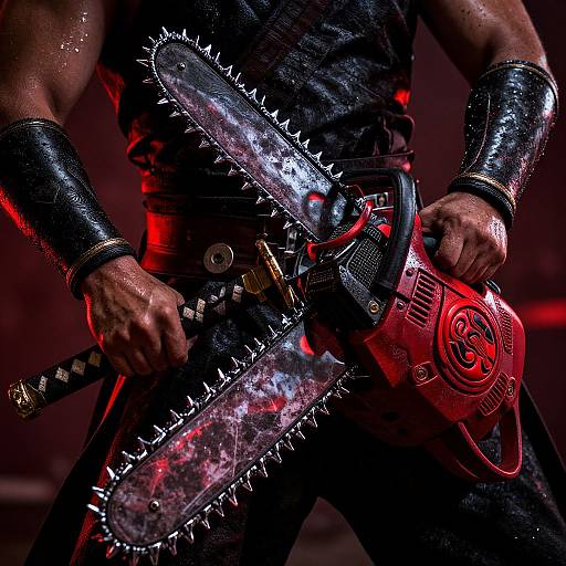 Close-up photograph of a muscular male warrior holding a spiked chainsaw with a red handle, wearing black leather armor and a belt with a sword. Red