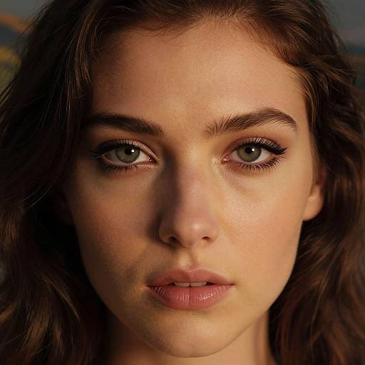 Photorealistic close-up of a young woman with fair skin, green eyes, and brown wavy hair, gazing intently with slightly parted lips