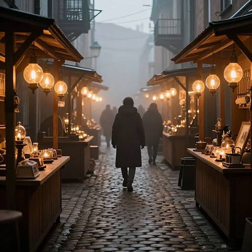 Misty Cobblestone Alley with Glowing Orbs