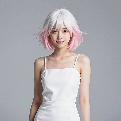 Young Woman with White and Pink Hair in White Dress