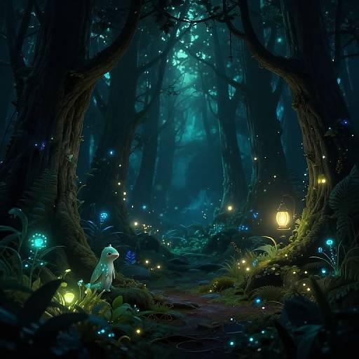 Digital fantasy artwork of a mystical forest at night, glowing blue and yellow fireflies surround a white, ethereal creature under towering trees.