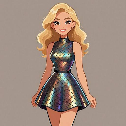 Smiling Woman in Metallic Fish Scale Dress