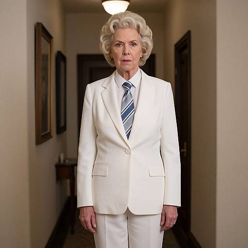 Photograph of an elderly woman with curly white hair, wearing a white suit and blue striped tie, standing in a dimly lit, narrow hallway with