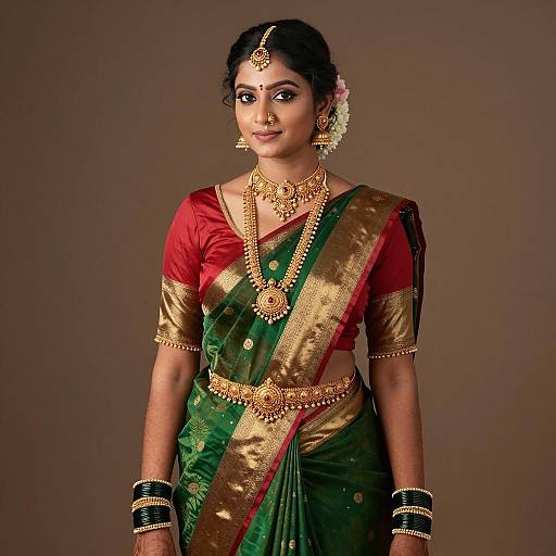 Indian Woman in Traditional Green and Gold Saree