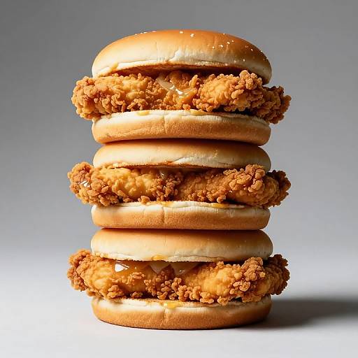 Photograph of five stacked chicken nuggets in a sesame seed bun, with a grey gradient background, highlighting the golden-brown, crispy texture of the