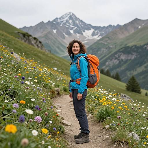Joyful Woman Hiking Vibrant Mountain Trail
