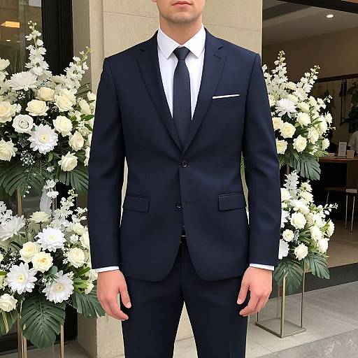 Photograph of a well-dressed man in a black suit, white shirt, and black tie, standing in front of elegant white floral arrangements.