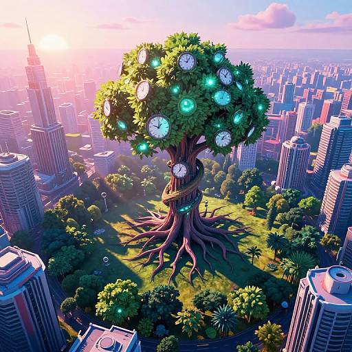 Digital CGI: Giant clock tree with glowing blue clocks, standing in a city park amidst skyscrapers, under a sunset sky.