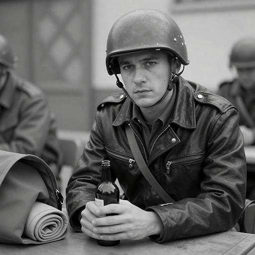 Serious Soldier in Leather Jacket Portrait