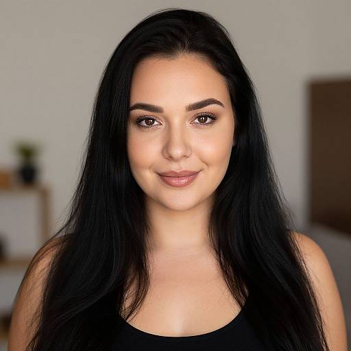 Photograph of a young woman with long black hair, brown eyes, and fair skin, wearing a black top, smiling softly, with a blurred indoor