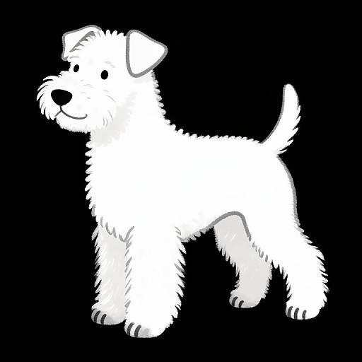 Digital drawing of a white, fluffy, standing terrier with black eyes and nose, on a solid black background.