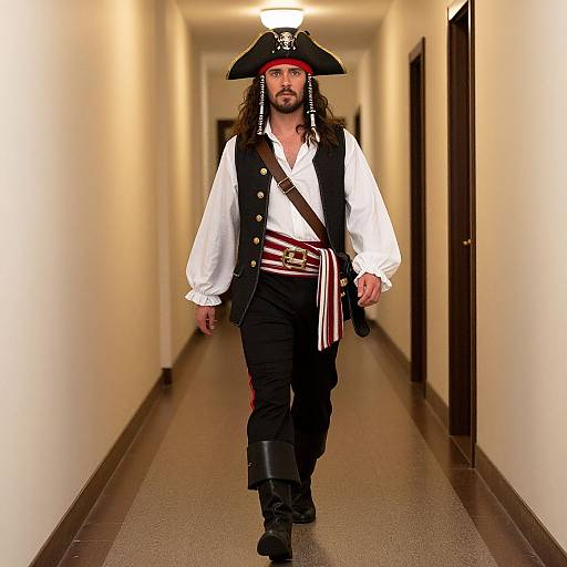 Photograph of a man with long hair, beard, and pirate costume, including black tricorn hat, white shirt, black vest, and red s