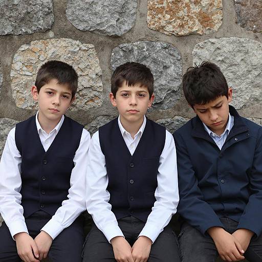 Three Boys Against a Stone Wall