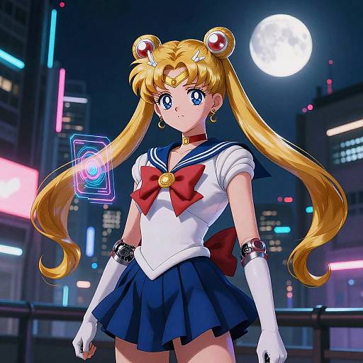 Digital anime artwork of Sailor Moon with long blonde pigtails, red bow, blue skirt, white gloves, and cybernetic glow, standing in