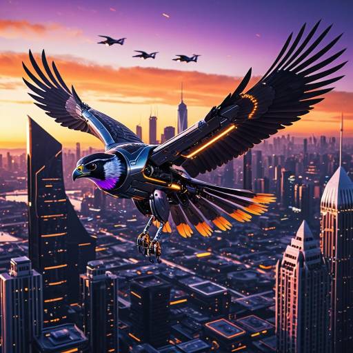 Robotic Falcon Flying Over Futuristic Cityscape at Dusk Robotic Falcon Flying Over Futuristic Cityscape at Dusk