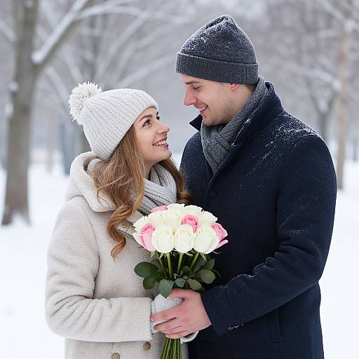 Photograph of smiling couple in winter attire, woman with white knit hat and coat, holding pink and white roses, man in black coat and gray be