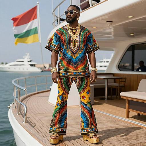 Photograph of a Black man with beard, wearing vibrant, colorful, traditional African patterned outfit, gold jewelry, sunglasses, and gold platform shoes,