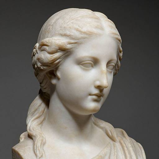 Photograph of a classical marble bust of a young woman with delicate, wavy hair, soft facial features, and a serene expression. Dark gray background