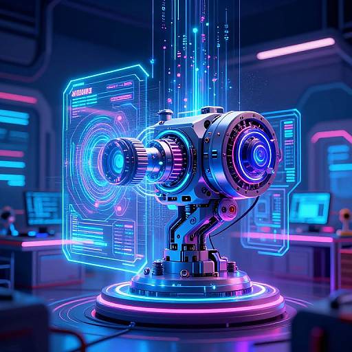 Neon-lit, futuristic robotic device with glowing blue and purple circular components, hovering above a glowing platform in a high-tech lab. Digital interfaces and