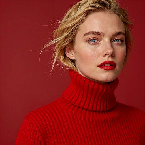 Serene Woman in Bold Red Turtleneck