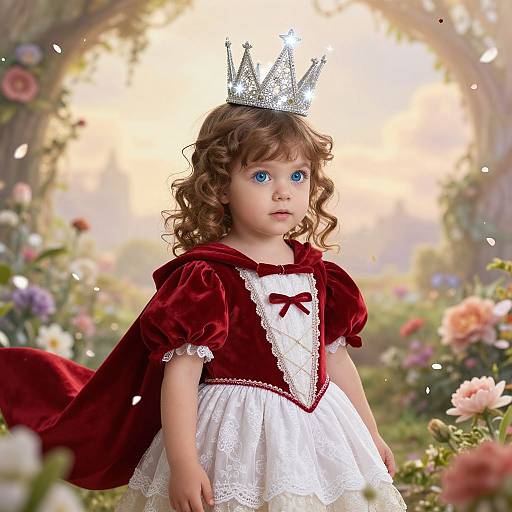 Photograph of a curly-haired toddler with blue eyes wearing a silver crown, red velvet cape, and white lace dress, standing in a sunlit,