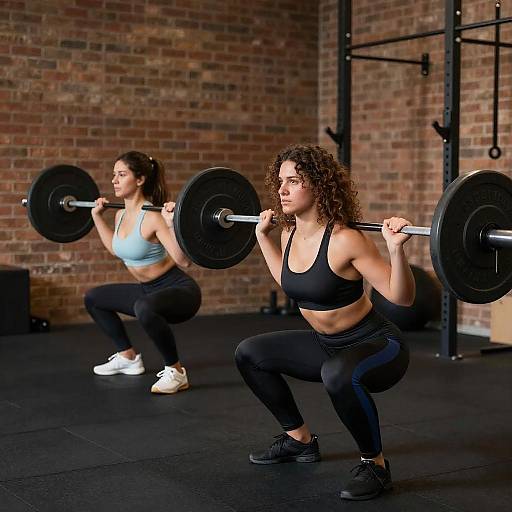 Women Squatting in Brick-Walled Gym