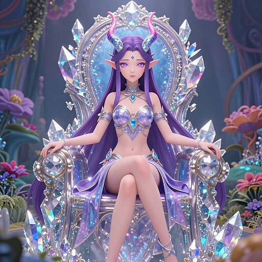 Digital fantasy art of a purple-haired, elven demon queen with horns, sitting on an ornate crystal throne, adorned in sparkling silver armor, surrounded