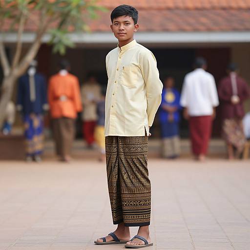 Photograph of a young Asian boy in a yellow long-sleeve shirt and brown patterned sarong, standing on a tiled courtyard with blurred people