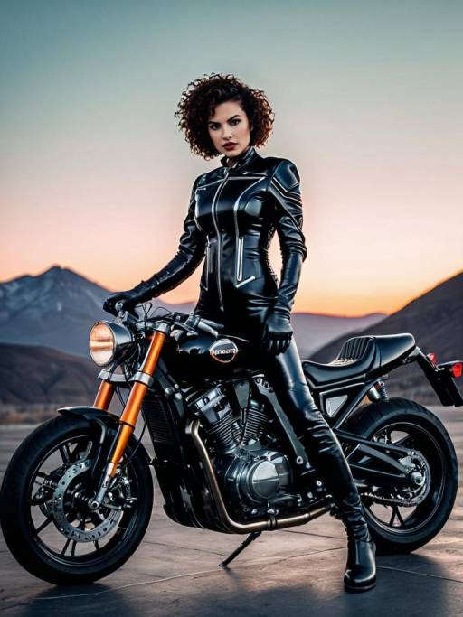 Futuristic Female Motorcycle Racer in Black Catsuit