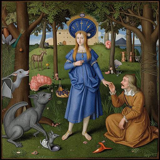 Medieval painting of a blue-robed woman with golden crown, kneeling man in brown, surrounded by fantastical animals in a forest.