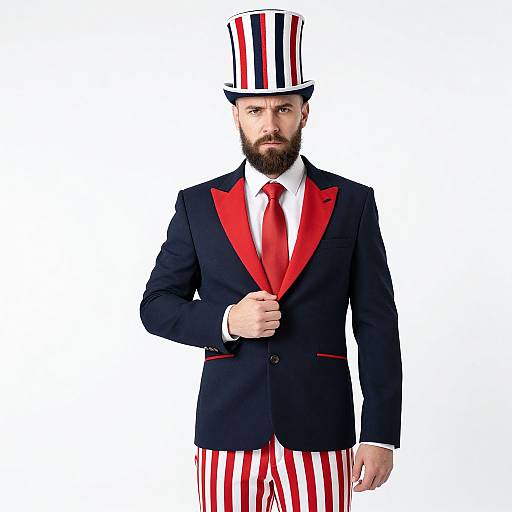 Photograph of a bearded man in a black suit with red lapels, red tie, and red-striped pants and top, posing against a white