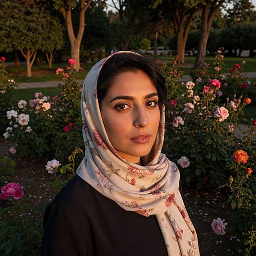 Photograph of a woman with olive skin, dark eyebrows, and dark hair, wearing a floral headscarf and black top, standing in a garden