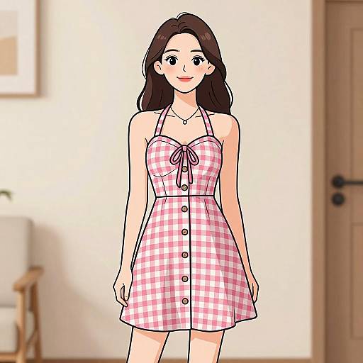 Digital anime-style drawing of a smiling woman with long brown hair, wearing a pink and white checkered sundress with buttons.