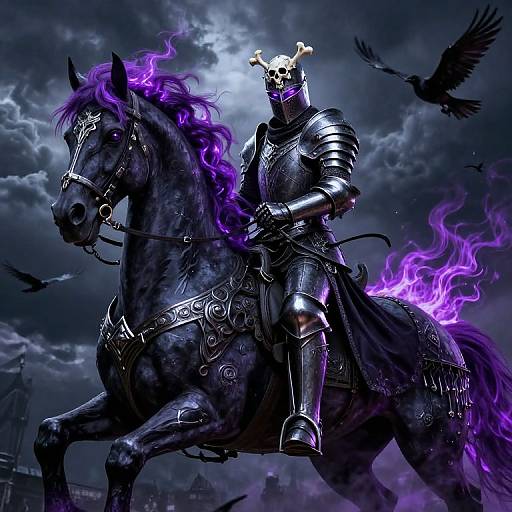 Fantasy illustration of armored knight with glowing purple flame mane, white skull helmet, riding black horse, dark stormy sky, black birds.
