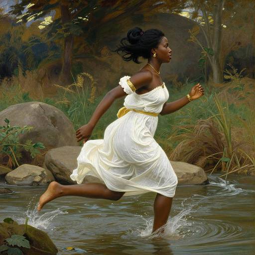 Photograph of a dark-skinned woman with curly hair, wearing a white, off-shoulder dress with gold accents, running through a shallow forest
