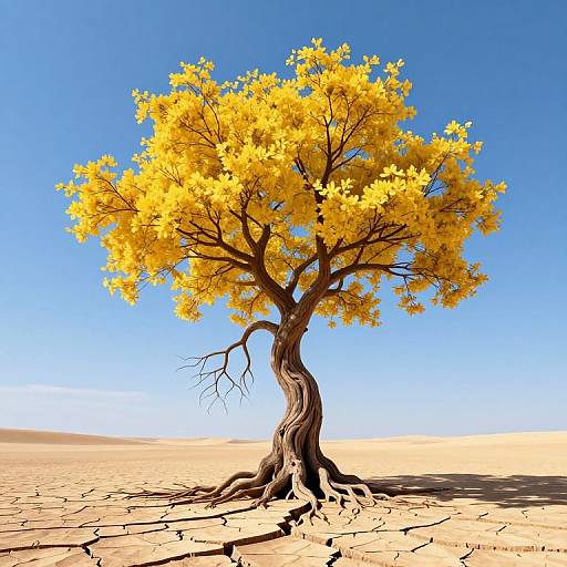 Digital illustration of a solitary, twisted tree with bright yellow flowers in a clear, blue sky over a cracked desert.