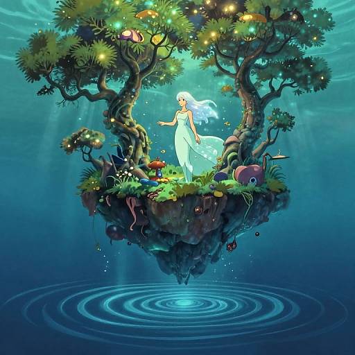 Digital fantasy artwork of a glowing white-haired woman in a flowing dress standing on a floating, enchanted tree island surrounded by vibrant flora, glowing orbs, and