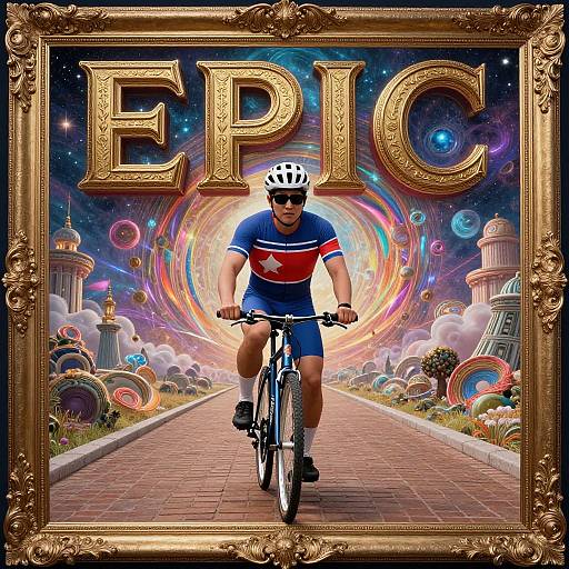 Photograph of a male cyclist in blue and red racing gear, helmet, and sunglasses, riding a bike on a brick path, with 