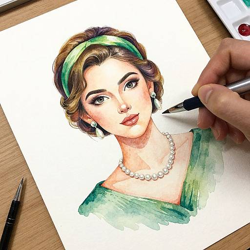 Hand-drawn portrait of a woman with short brown hair, green headband, pearl necklace, green dress, being colored with a black pen on white